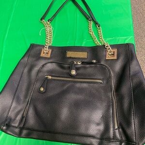 Black Pebbled Leather Tote with Gold Chain Straps